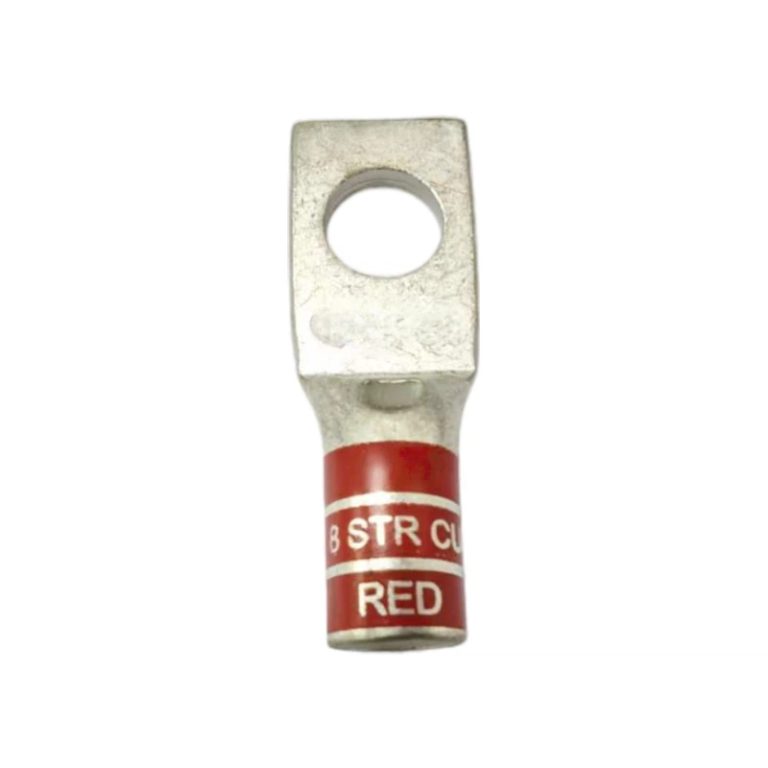 Front perspective view of the physical XLUIG 8 AWG red color-coded copper lug with 5/16" stud hole.