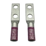 Perspective view of XLUIG custom 1/0 AWG copper lug with pink color code and two 3/8 inch holes.
