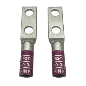Perspective view of XLUIG custom 1/0 AWG copper lug with pink color code and two 3/8 inch holes.