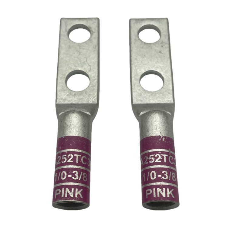 Perspective view of XLUIG custom 1/0 AWG copper lug with pink color code and two 3/8 inch holes.