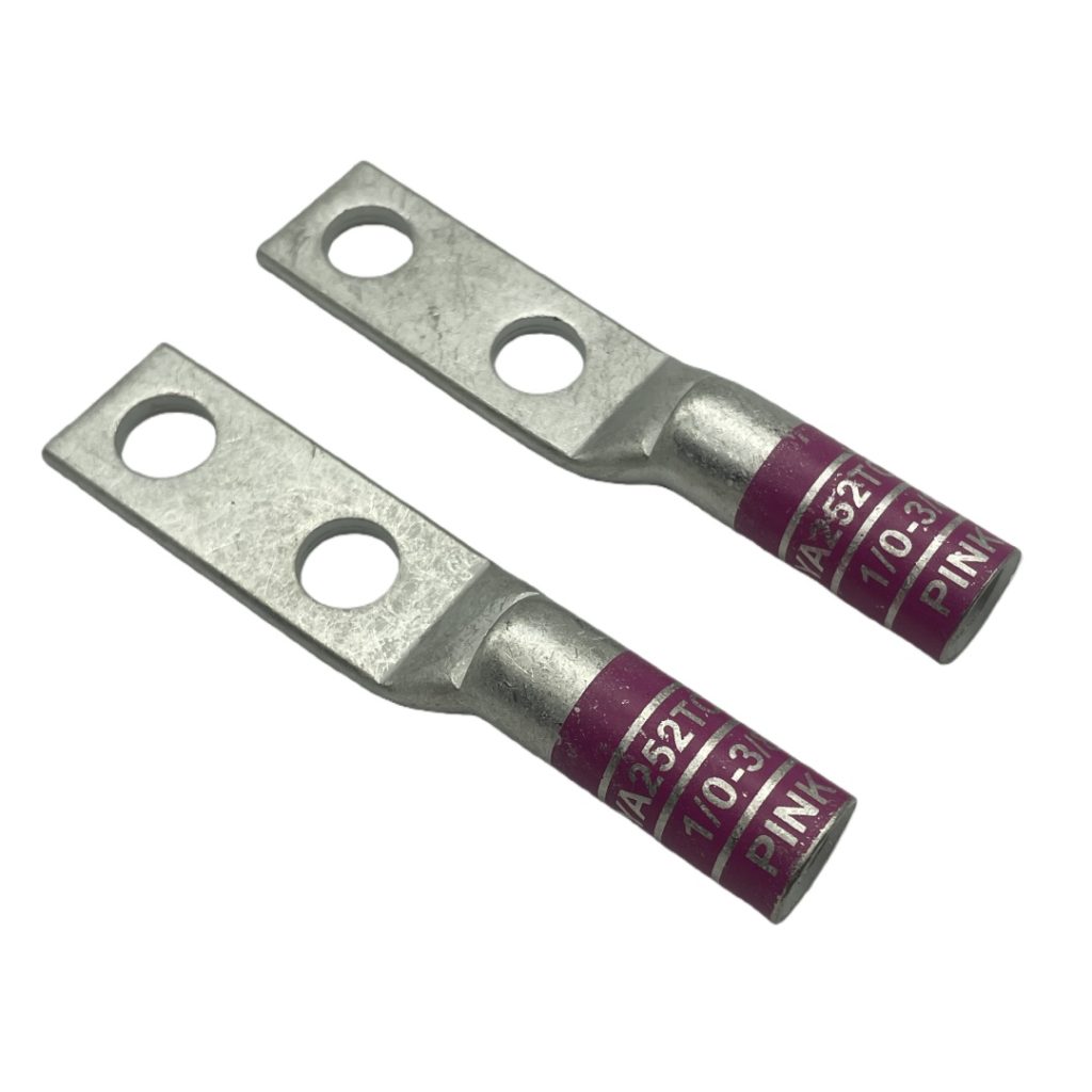 Top mounting view of a custom 1/0 AWG lug highlighting the precise 3/8 inch hole spacing.