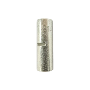 Profile view of the XLUIG inline copper splice showing the tin-plated finish and symmetrical design.