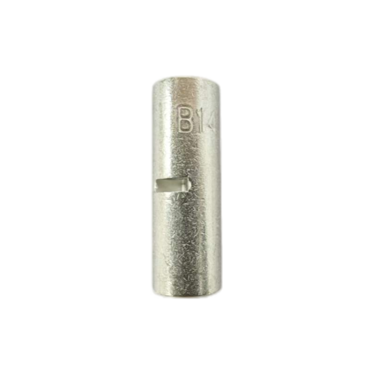 Profile view of the XLUIG inline copper splice showing the tin-plated finish and symmetrical design.