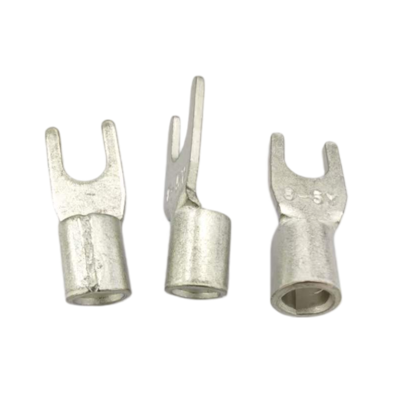 Group view of XLUIG 8 AWG non-insulated spade terminals showing various angles of the tin-plated fork design.